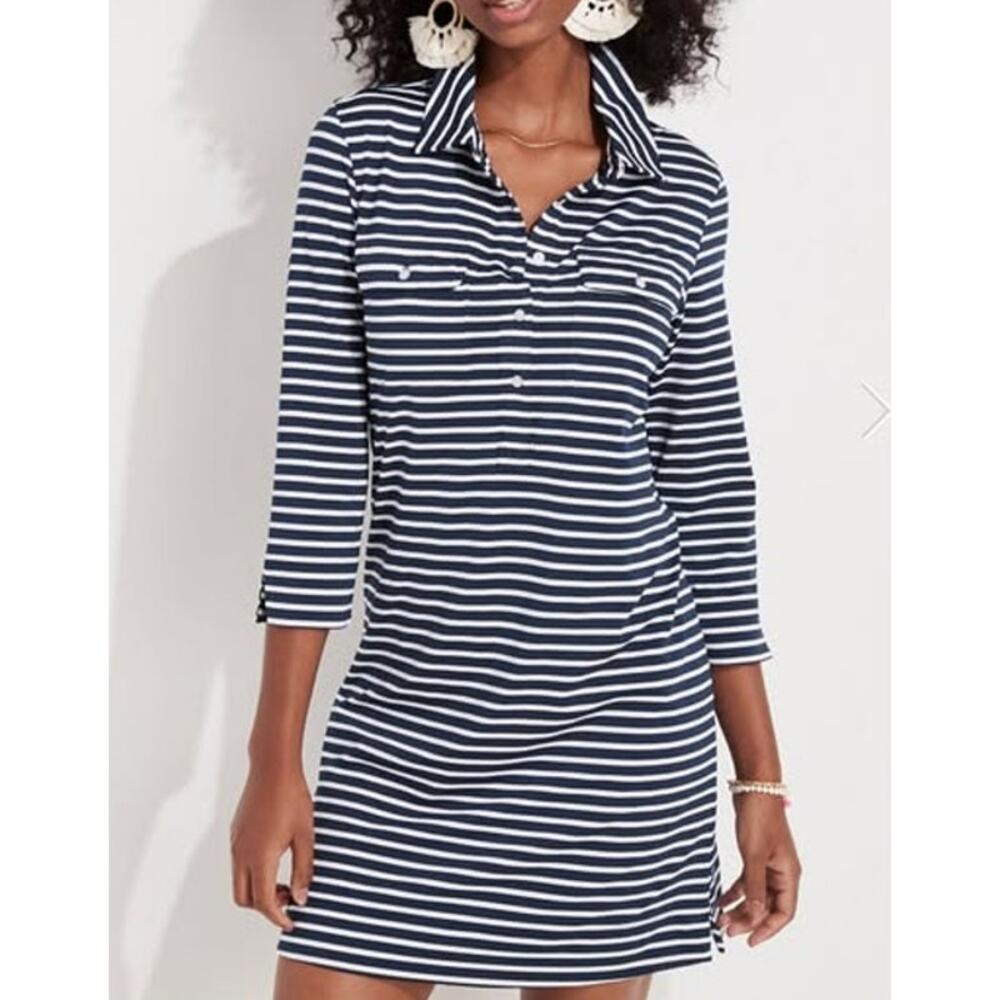 Vineyard Vines Sankaty Margo Stripe 3/4 Sleeve Polo Shirt Dress Navy White Small